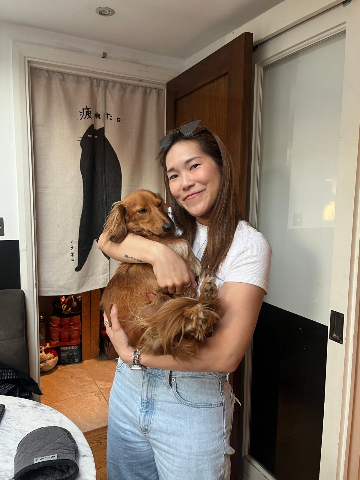 Sherman from Furever Friends cuddling a long-haired dachshund